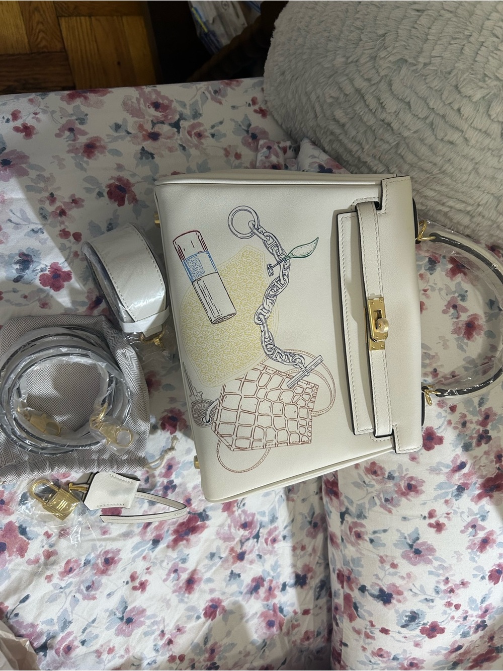 Elegant White Women's Top-Handle Bag with Printed Accent